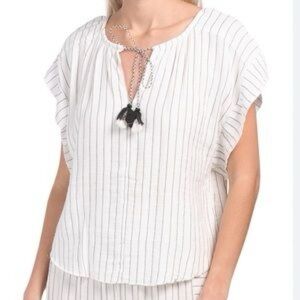 Joie Hobbit White Gauze Stripped Tassel Tie Front Peasant Ruffle Blouse L
